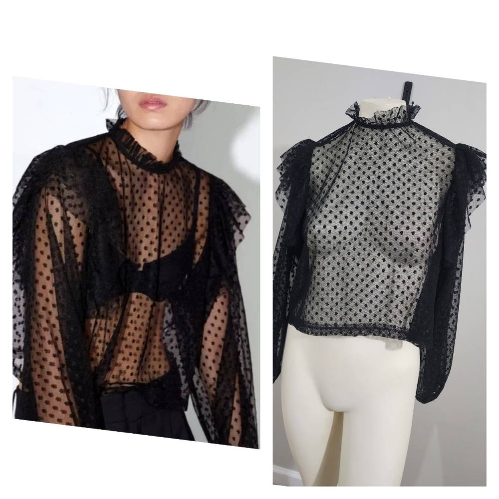 Zara Black Sheer Polka Dot Top